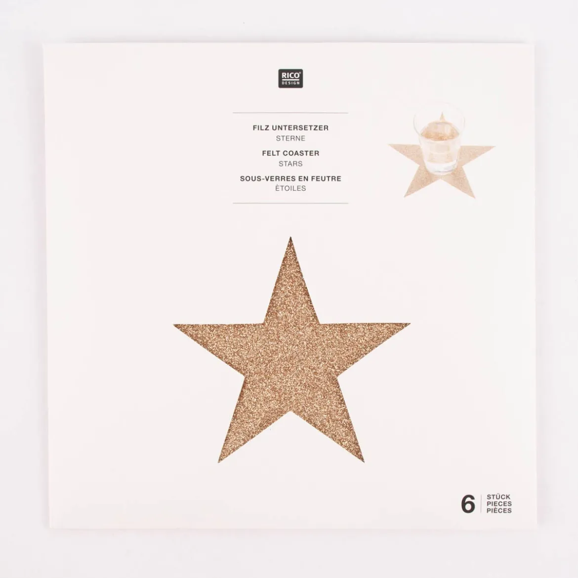 Rico Design Untersetzer Sterne Filz Glitzer goldfarbig 19x18cm 6 Stück