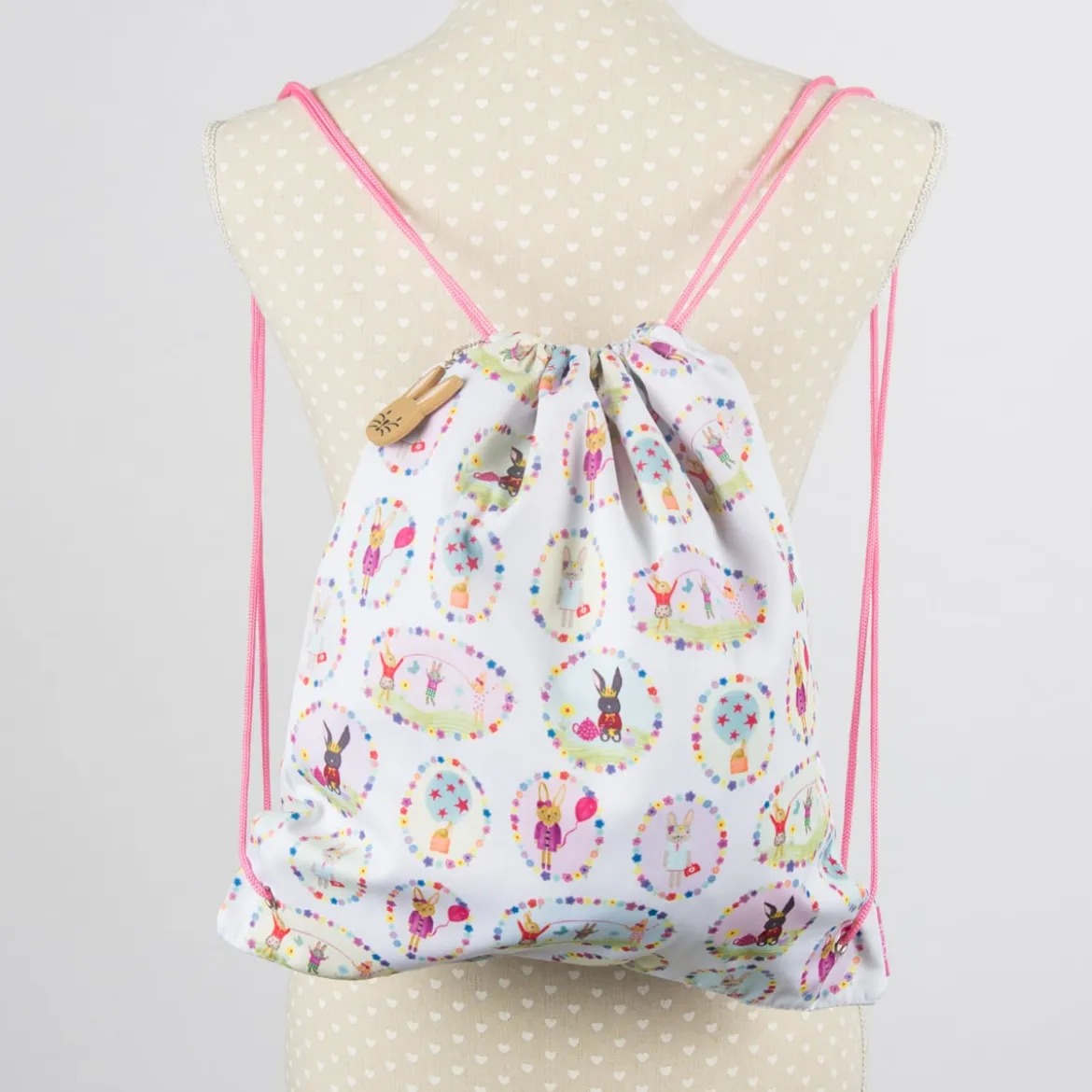 Rucksack Turn-Beutel Kids mit Kordeln Hase weiß rosa 36x40cm