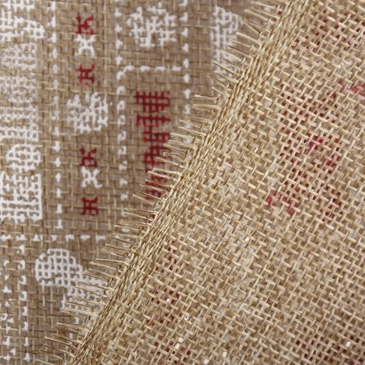 Rupfen Jute Sackleinen Meterware Weihnachten Schriftzüge natur weiß rot 1,5m Breite