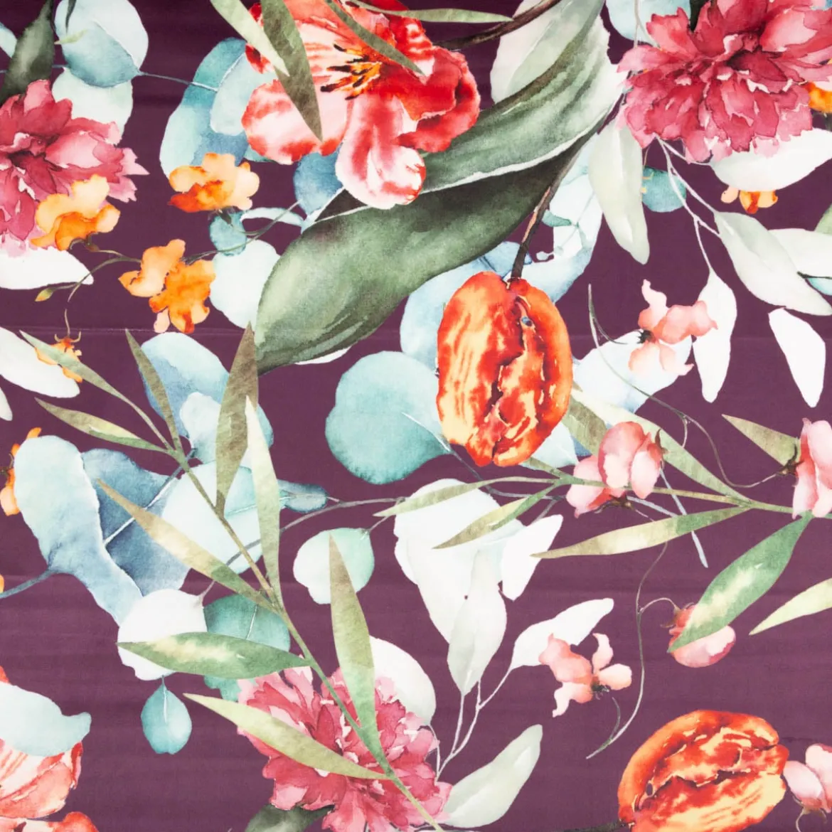 Samtstoff Blumen mauve grün – Digitaldruck mit leuchtendem Design