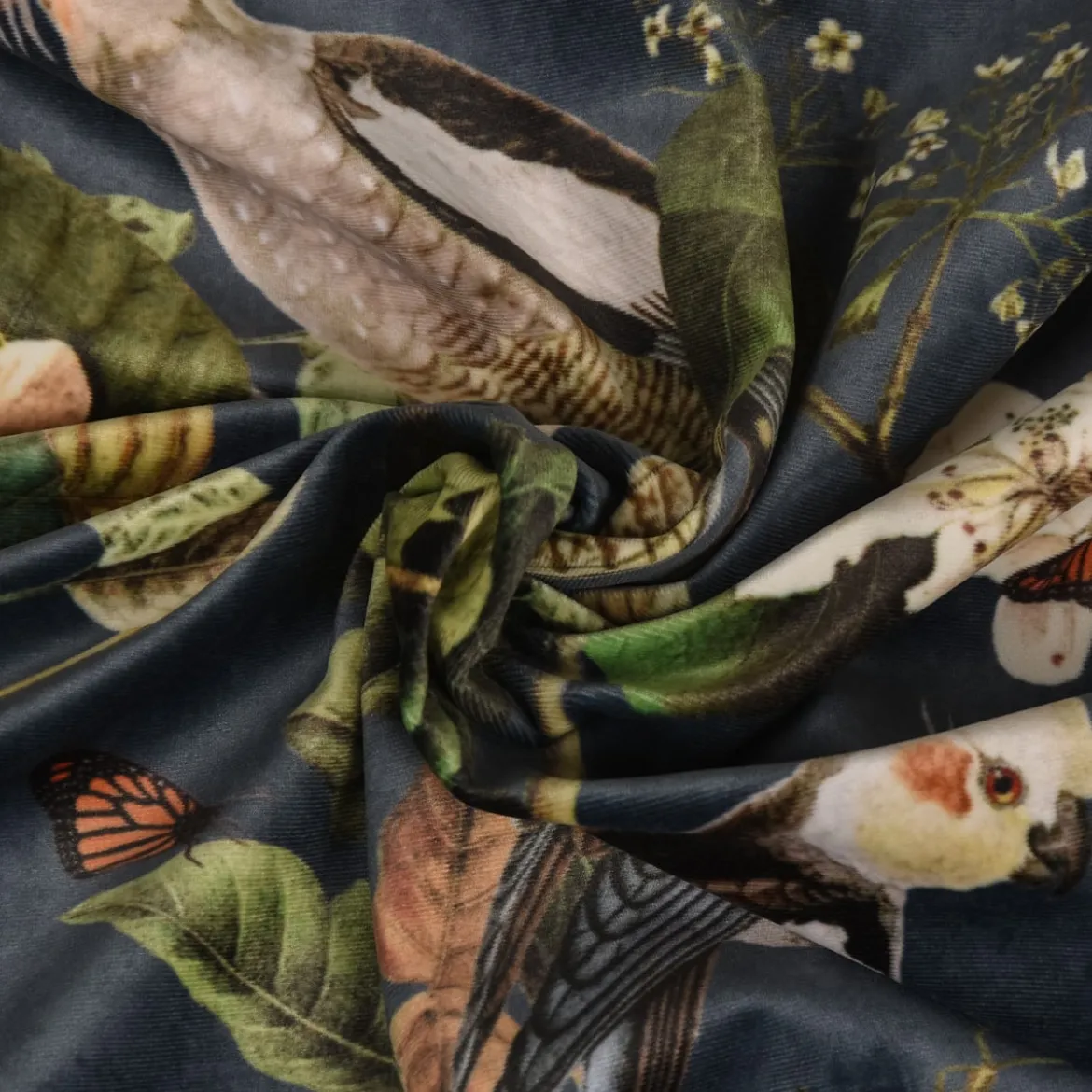 Samtstoff Dekostoff Italian Velvet Samt Affe Vogel Blumen blau grün bunt 1,45m