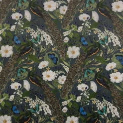 Samtstoff Dekostoff Velvet Deluxe Samt Pfau Blüten petrol 1,4m Breite