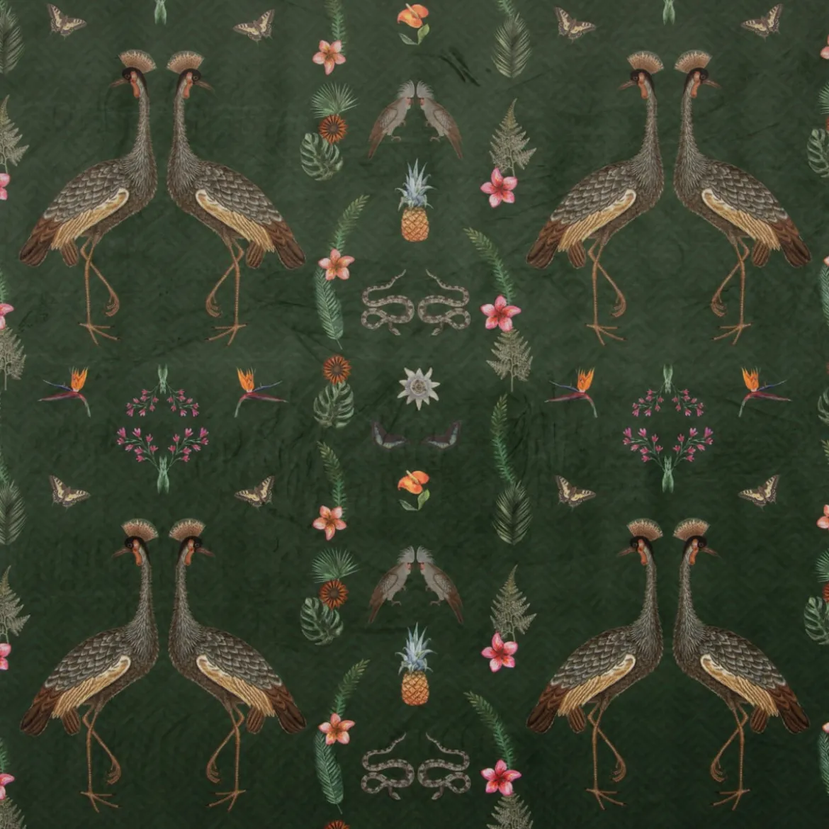 Samtstoff Dekostoff Velvet Deluxe Samt Tropical Ananas Vögel Blumen grün braun bunt 1,4m
