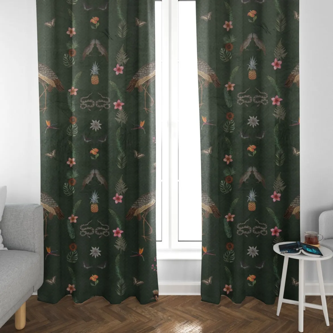 Samtstoff Dekostoff Velvet Deluxe Samt Tropical Ananas Vögel Blumen grün braun bunt 1,4m