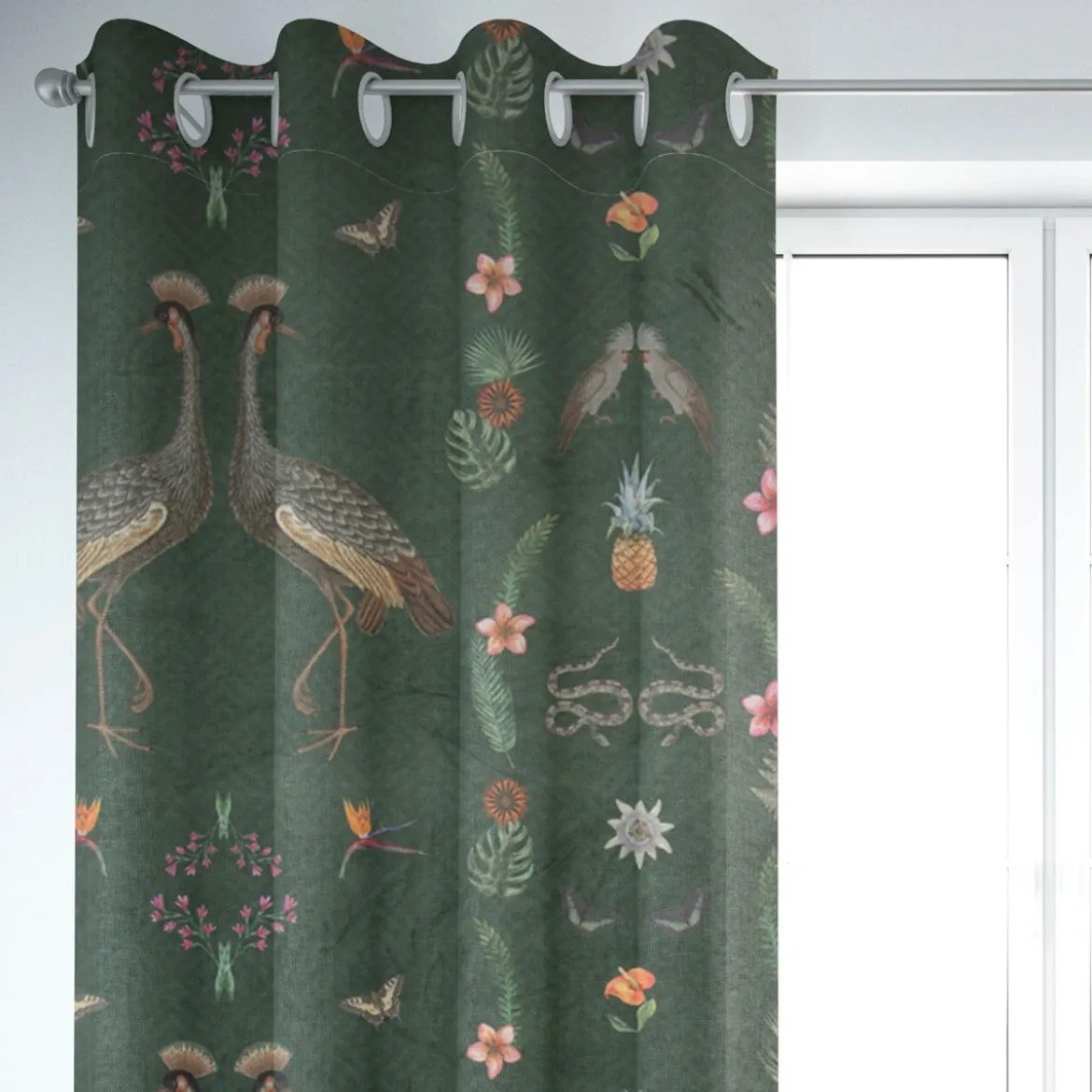 Samtstoff Dekostoff Velvet Deluxe Samt Tropical Ananas Vögel Blumen grün braun bunt 1,4m