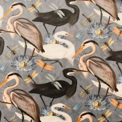 Samtstoff Dekostoff Velvet Samt Heron Bird Kranich Reiher Asia grau 1,45m