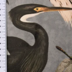 Samtstoff Dekostoff Velvet Samt Heron Bird Kranich Reiher Asia grau 1,45m