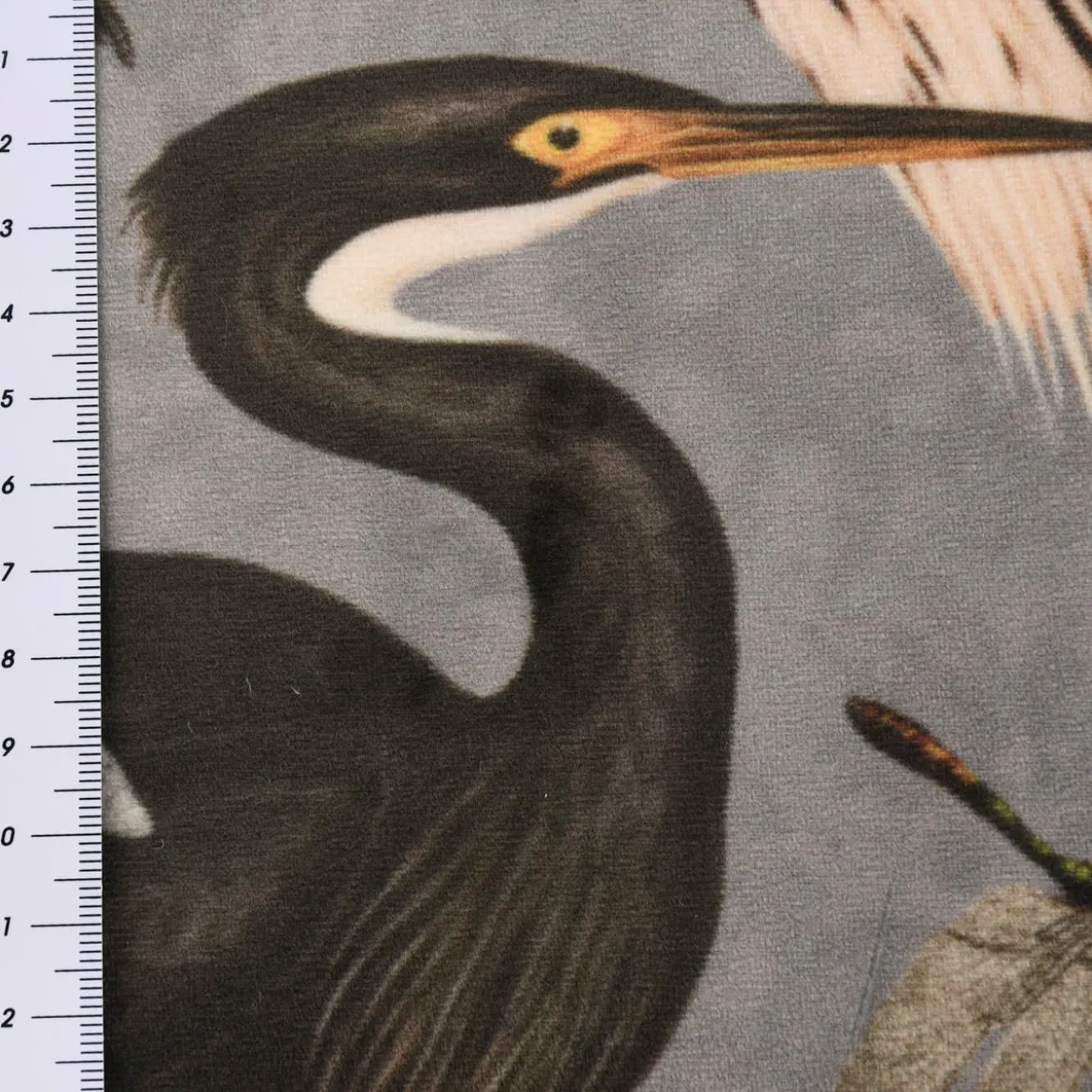 Samtstoff Dekostoff Velvet Samt Heron Bird Kranich Reiher Asia grau 1,45m