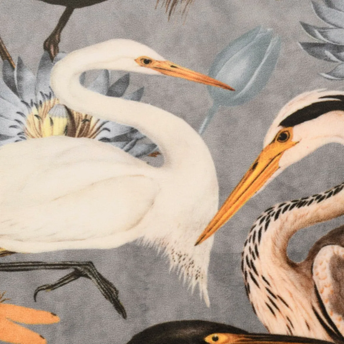 Samtstoff Dekostoff Velvet Samt Heron Bird Kranich Reiher Asia grau 1,45m