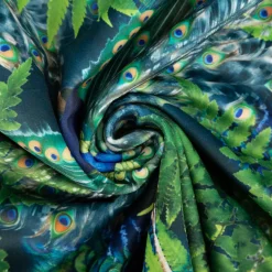 Samtstoff Pfau blau-grün – Digitaldruck mit leuchtendem Design
