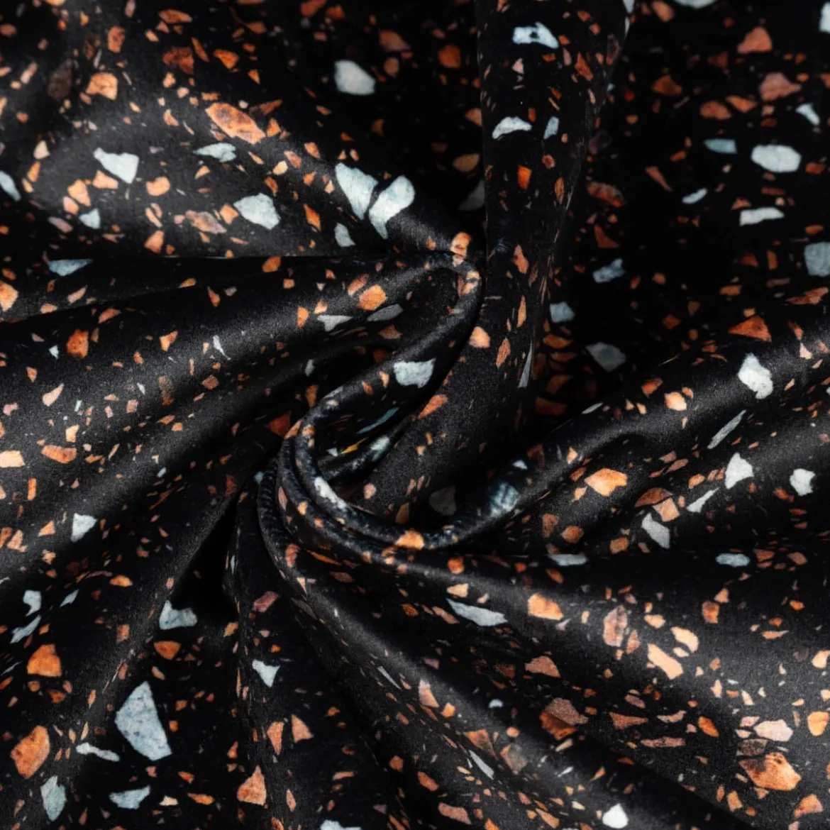 Samtstoff Polsterstoff Dekostoff Velvet Digitaldruck Terrazzo schwarz orange 1,50m