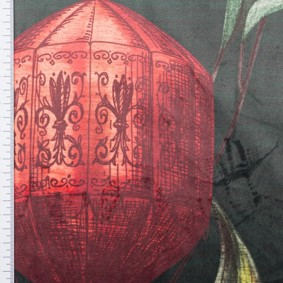 Samtstoff Polsterstoff Dekostoff Velvet Digitaldruck Fische Blumen Heißluftballon dunkelgrün orange 1,40m Breite