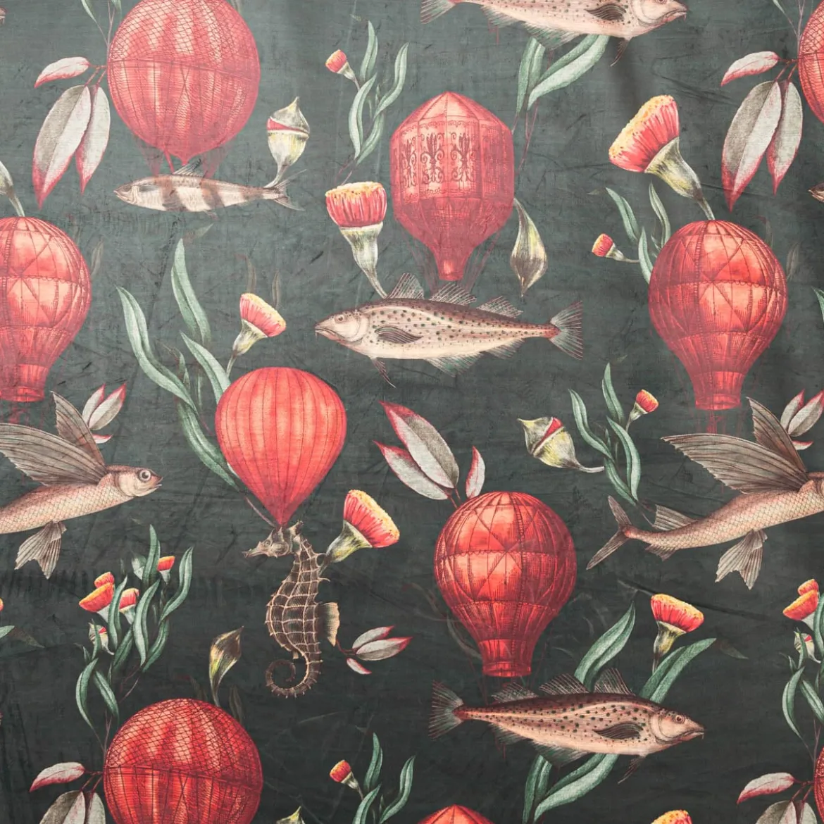 Samtstoff Polsterstoff Dekostoff Velvet Digitaldruck Fische Blumen Heißluftballon dunkelgrün orange 1,40m Breite