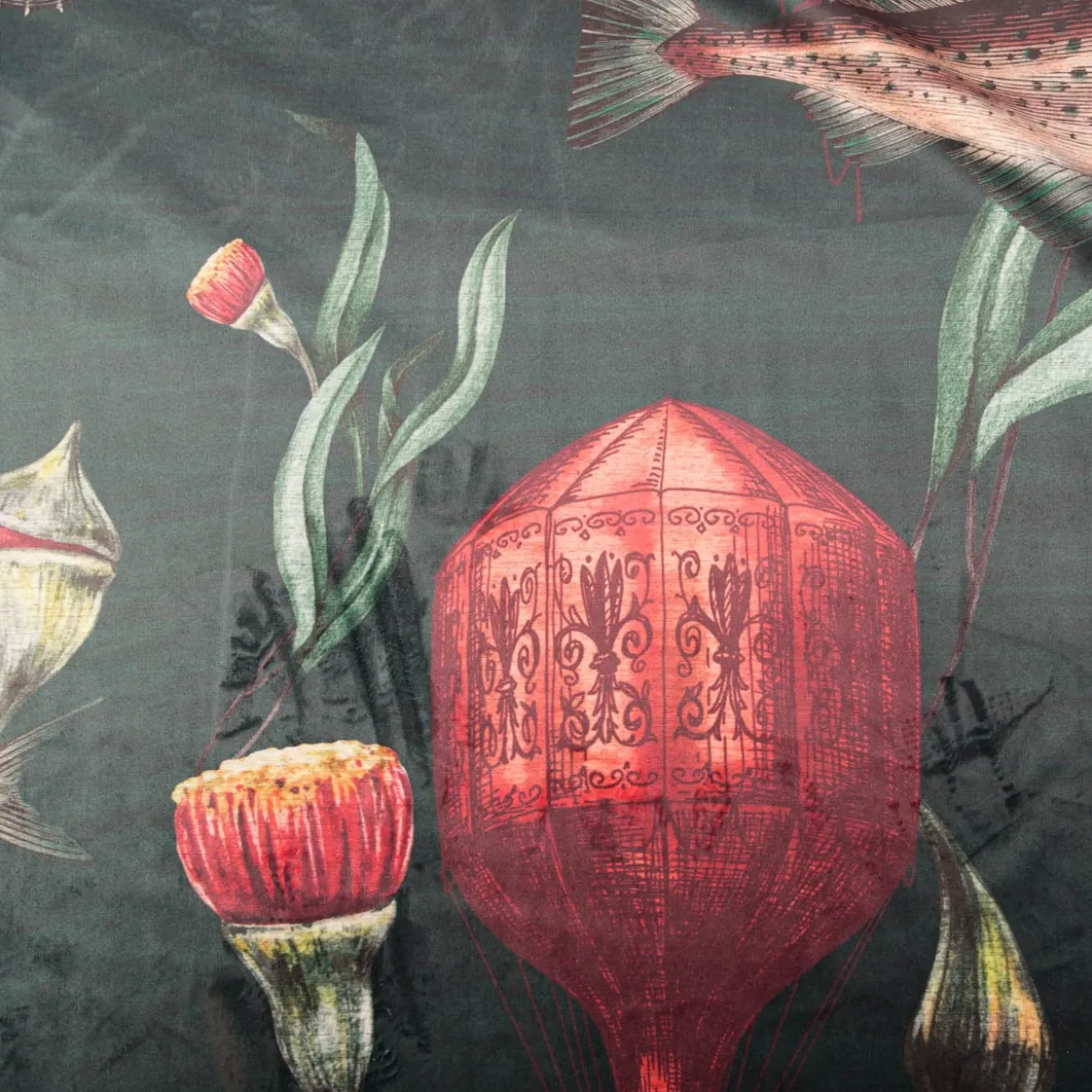 Samtstoff Polsterstoff Dekostoff Velvet Digitaldruck Fische Blumen Heißluftballon dunkelgrün orange 1,40m Breite