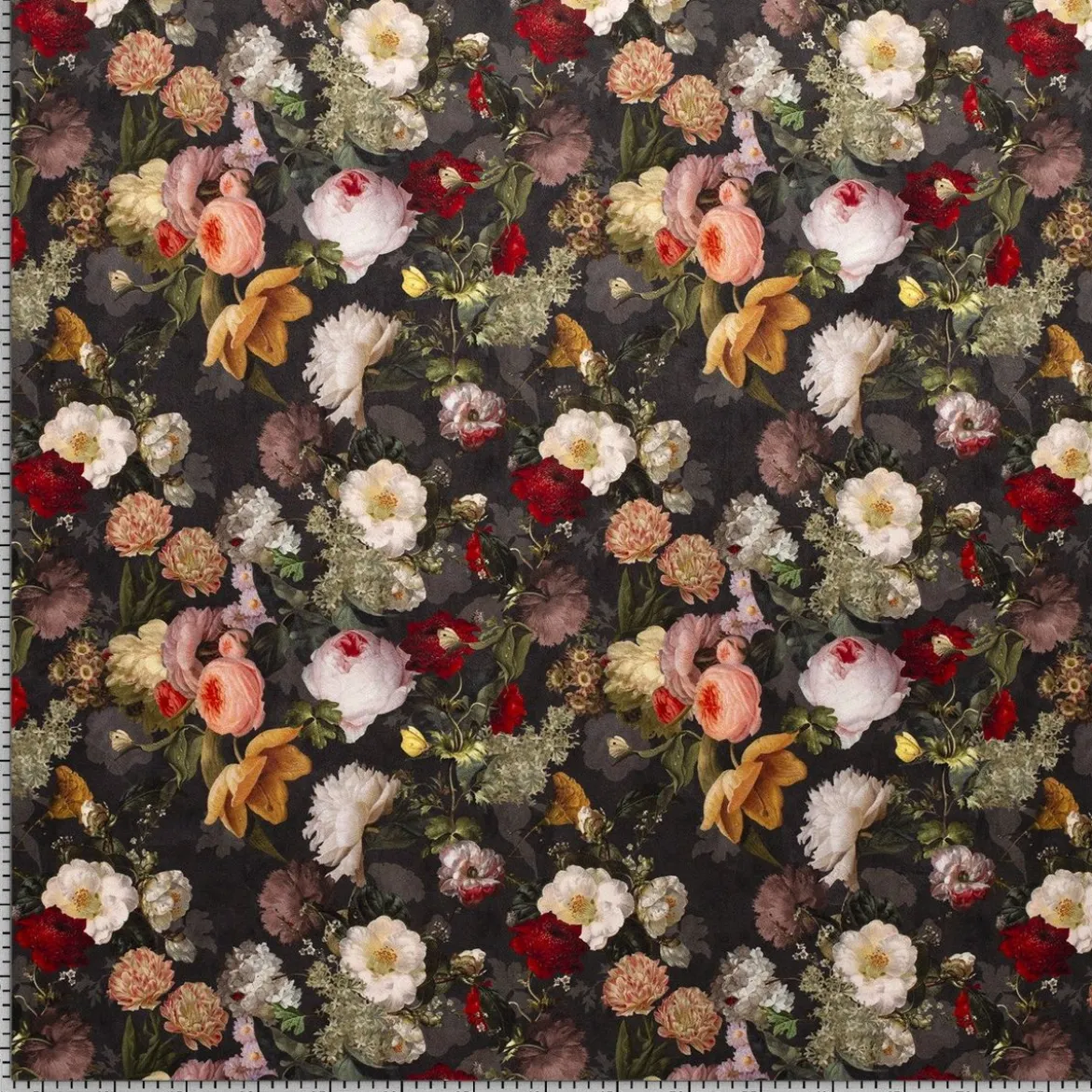 Samtstoff Vorhangstoff Velvet Samt Digitaldruck Vintage Rosen Blumen schwarz bunt 1,40m