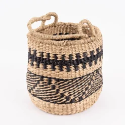 Sass & Belle Aufbewahrungskorb mit Henkel geflochten Streifen Seegras natur schwarz 28x30cm
