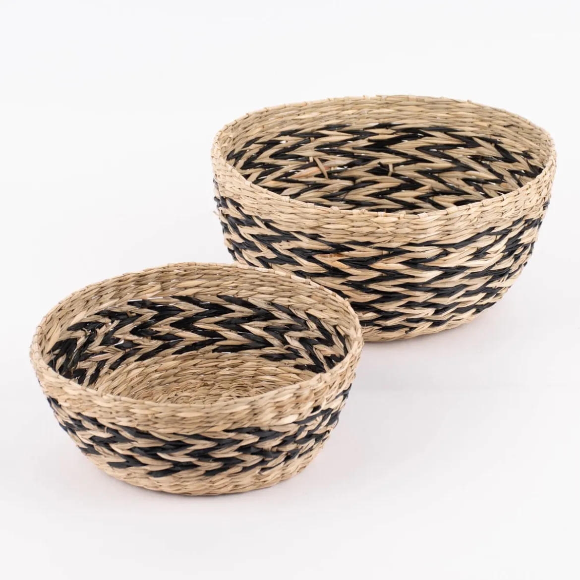 Sass & Belle Deko Schale aus Seegras 2er Set rund Zickzack natur schwarz 25x12cm