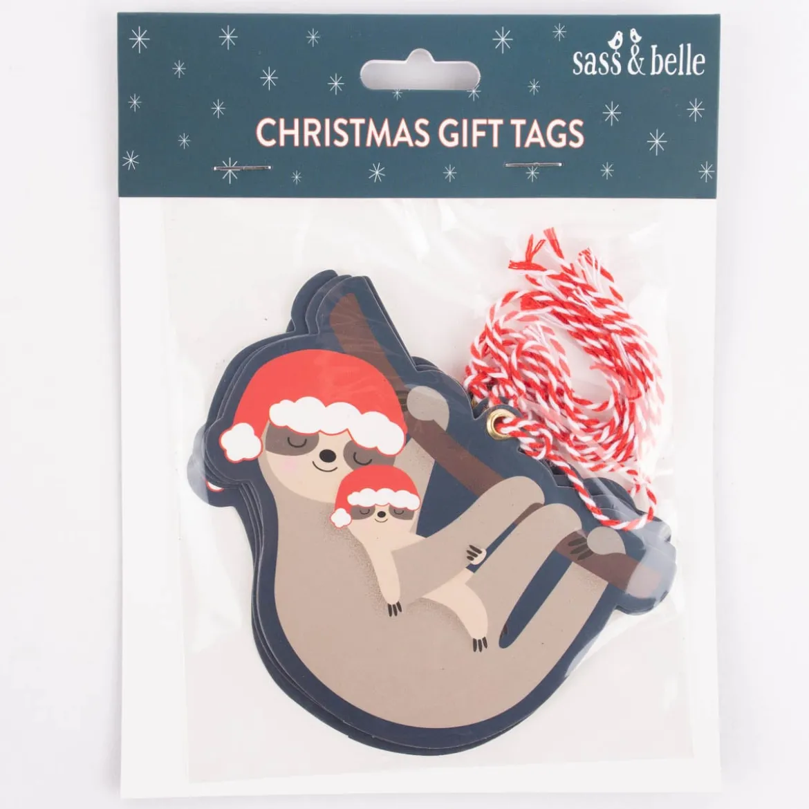 Sass & Belle Geschenkanhänger Mama und Baby Faultier mit Weihnachtsmütze 6 Stück Papier blau braun 10x7cm