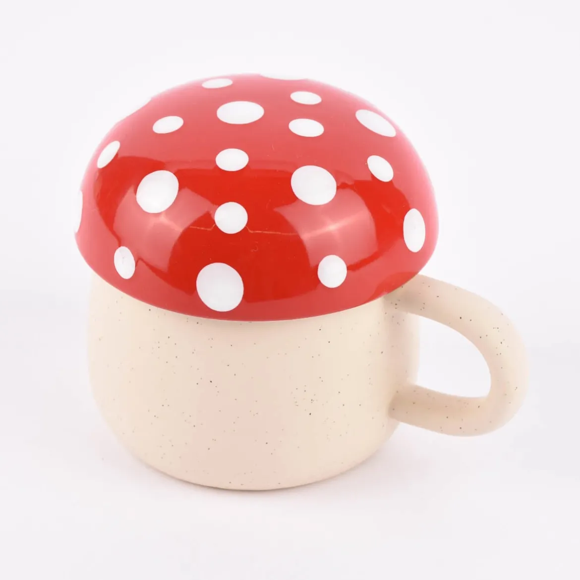 Sass & Belle Tasse mit Deckel Pilz Steinzeug beige rot weiß 320ml