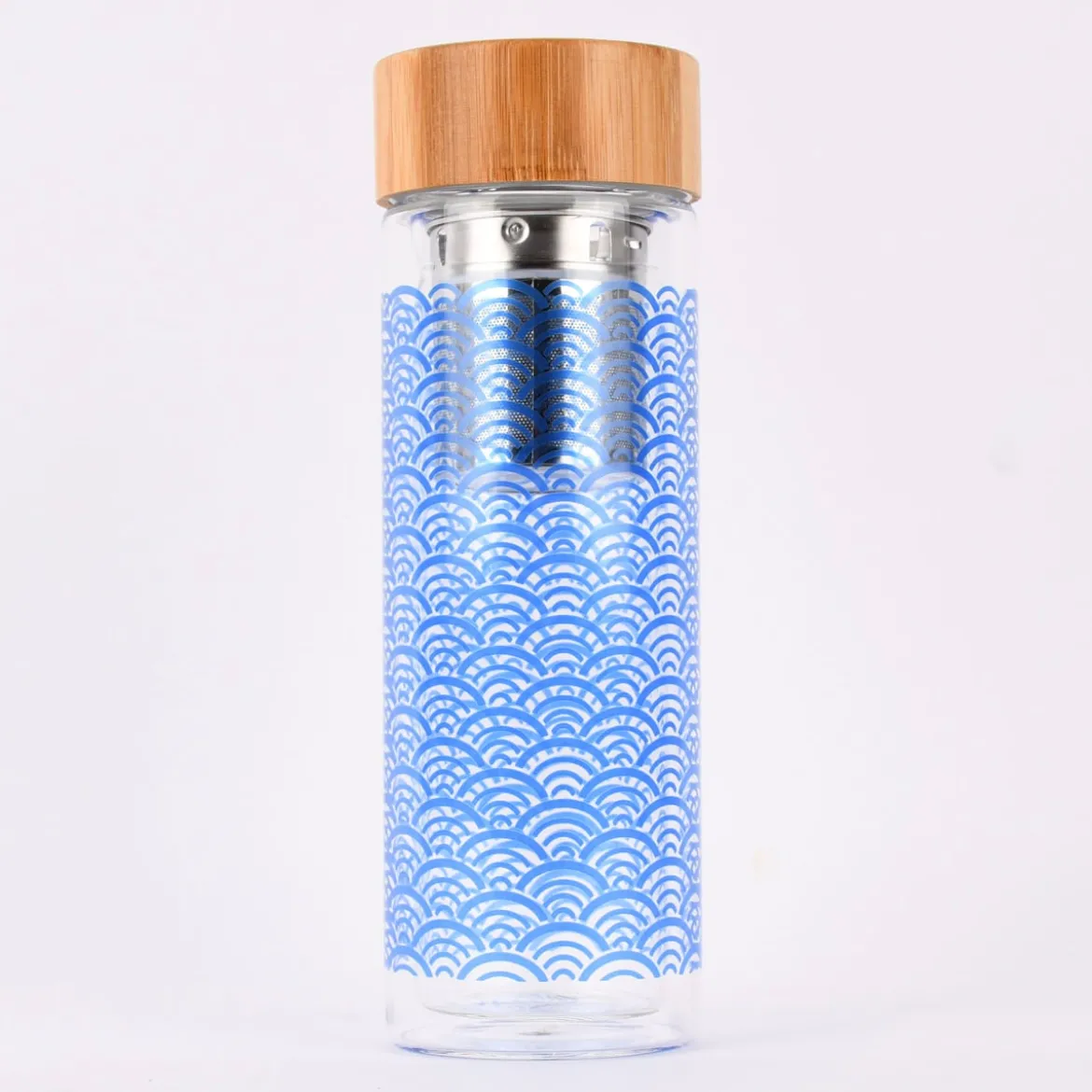 Sass & Belle Trinkflasche aus Glas mit Infuser Wellenmuster klar blau 400ml