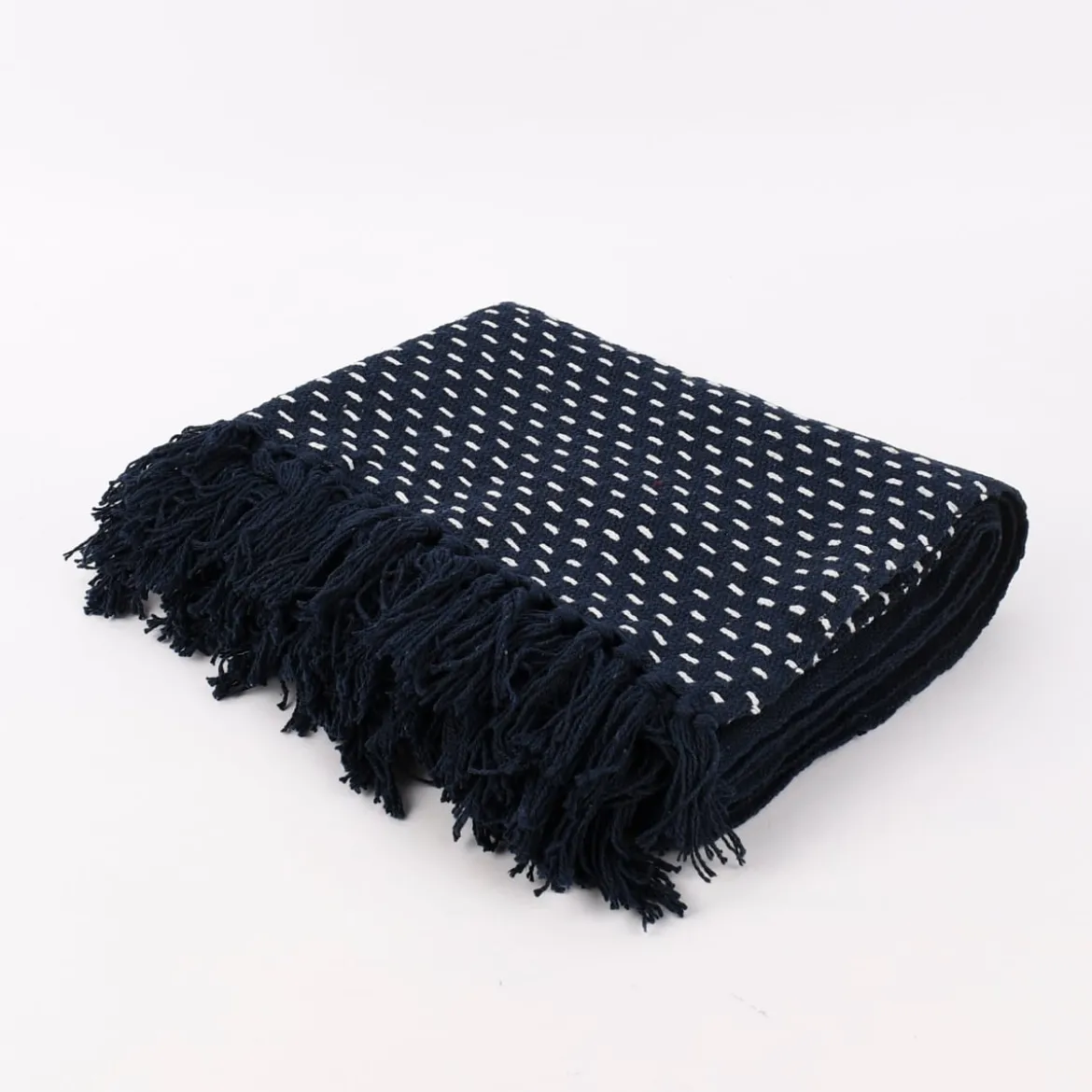 Sass & Belle Wohndecke bestickt mit Fransen blau weiß 125x150cm