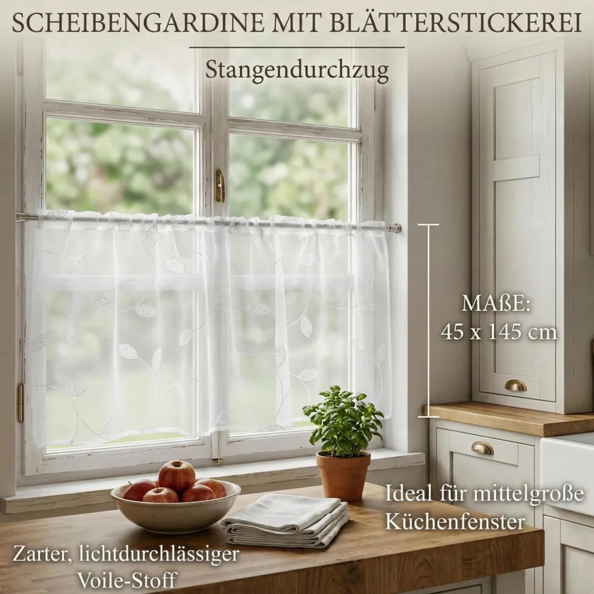 Scheibengardine Blätterstickerei Stangendurchzug weiß 45 x 145 cm