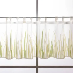 Scheibengardine Breeze transparente Meterware mit Schlaufen Gräser wollweiß grün 46cm Höhe