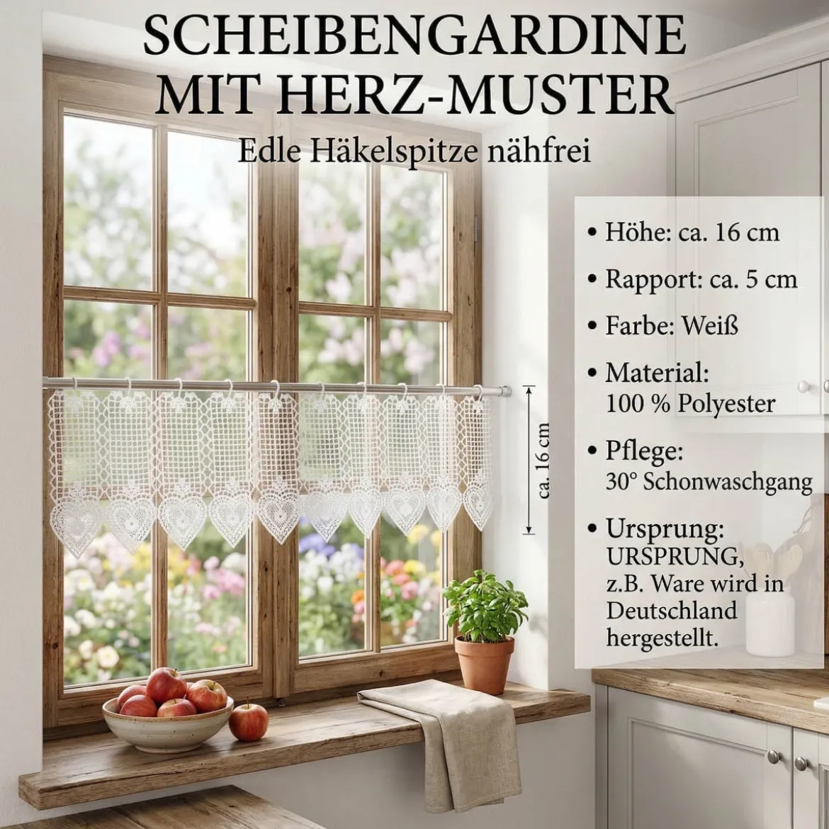 Scheibengardine Häkelgardine Spitze Herz weiß nähfrei 16cm