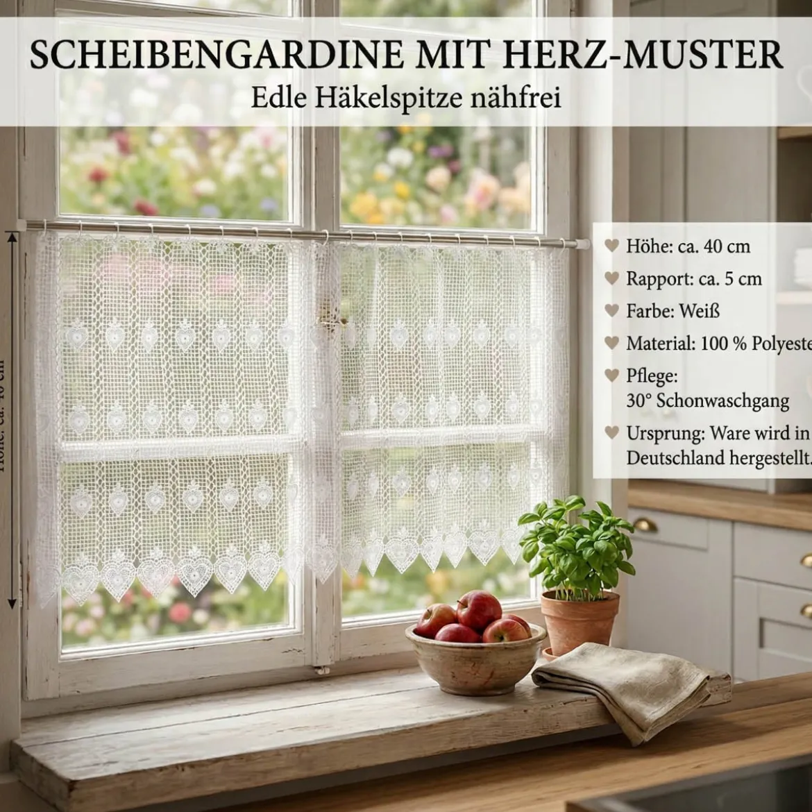 Scheibengardine Häkelgardine Spitze Herz weiß nähfrei 40 cm