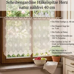 Scheibengardine Häkelgardine Spitze Herz natur nähfrei 40 cm