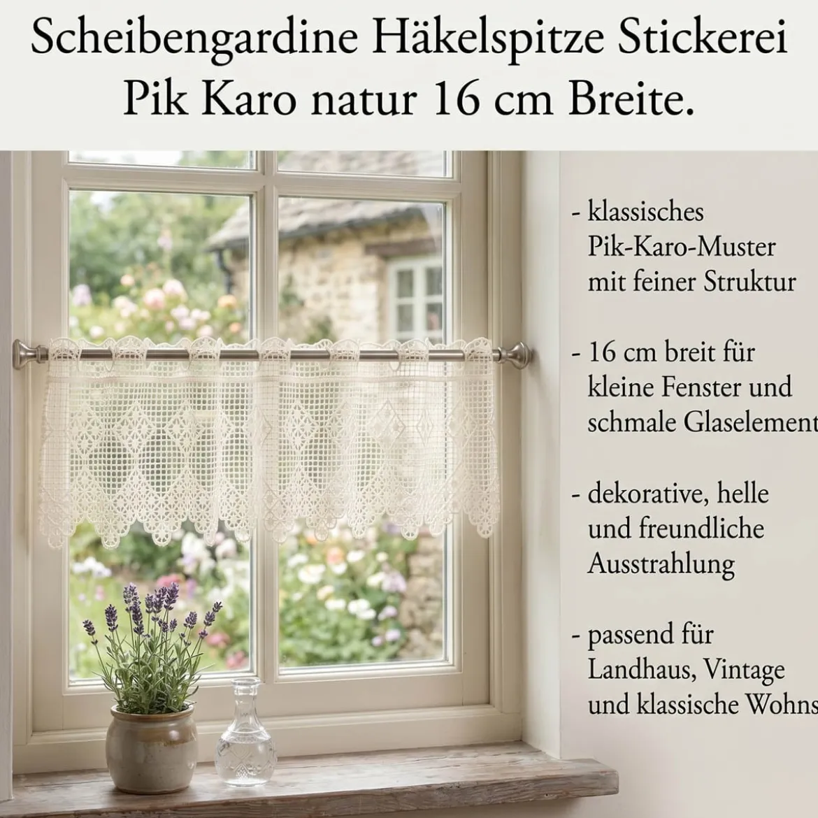 Scheibengardine Häkelspitze Stickerei Pik Karo natur 16 cm Breite