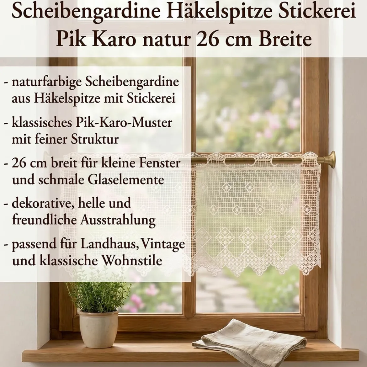 Scheibengardine Häkelspitze Stickerei Pik Karo natur 26 cm Breite