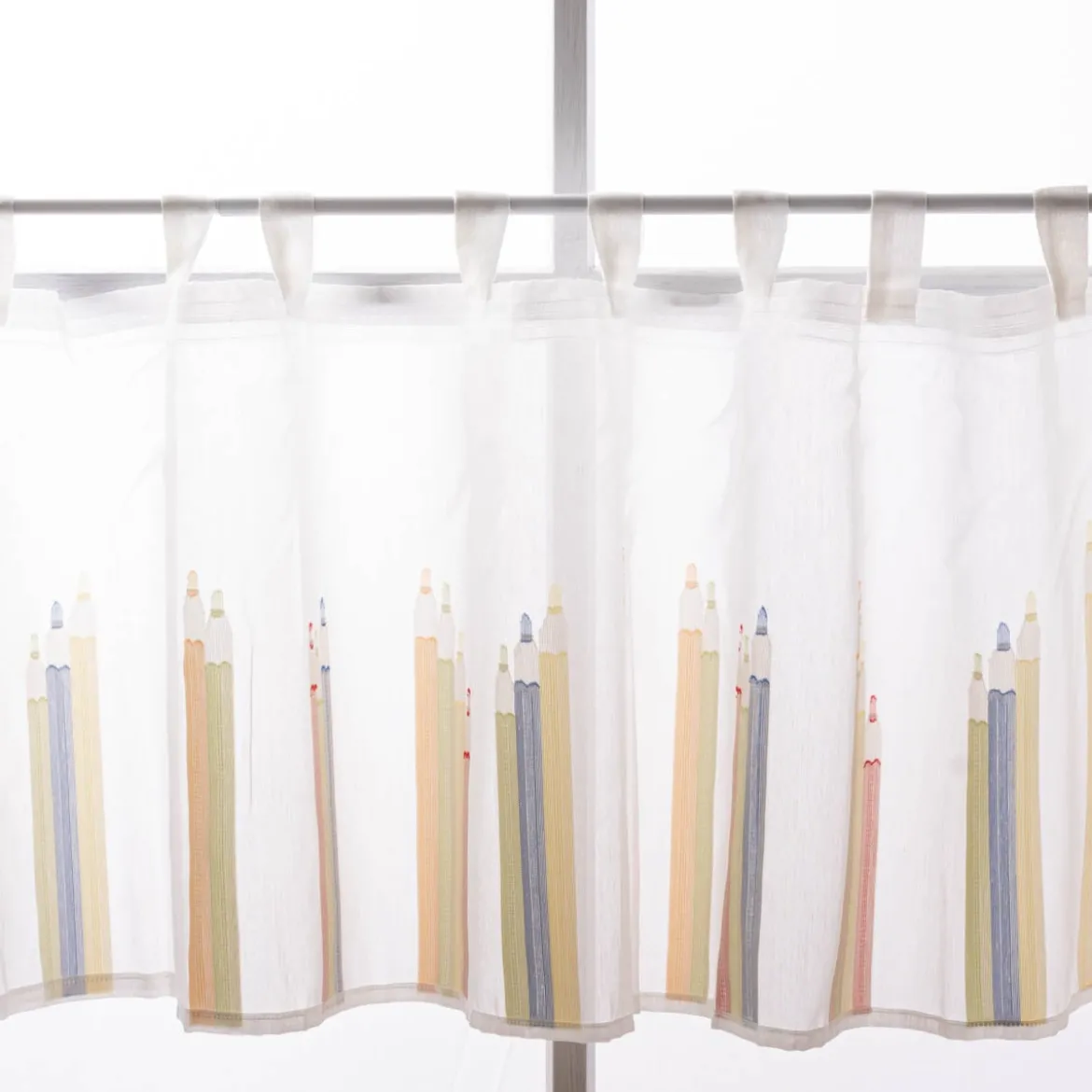 Scheibengardine Kinderzimmer transparente Meterware mit Schlaufen Stifte wollweiß bunt 46cm Höhe