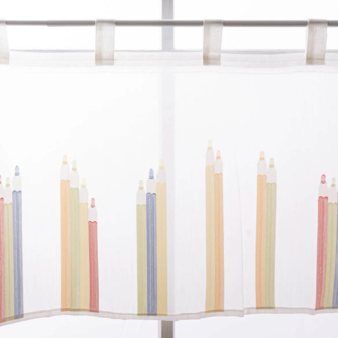 Scheibengardine Kinderzimmer transparente Meterware mit Schlaufen Stifte wollweiß bunt 46cm Höhe