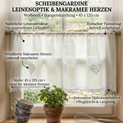 Scheibengardine Leinenoptik Macramee Herzen Stangendurchzug wollweiß 45 x 120 cm
