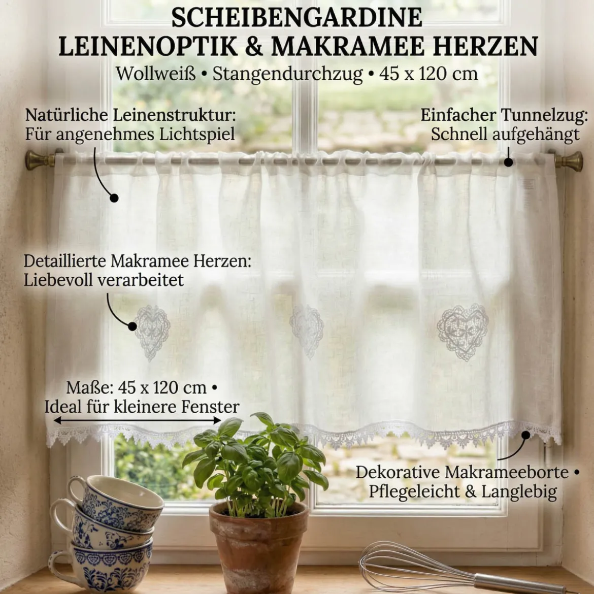 Scheibengardine Leinenoptik Macramee Herzen Stangendurchzug wollweiß 45 x 120 cm