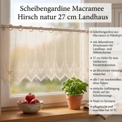 Scheibengardine Macramee Hirsch Landhaus Häkeloptik natur 27cm Höhe