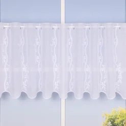 Scheibengardine Meterware Leinenstruktur Voile Stickerei Blumenranke nähfrei weiß 45cm Höhe