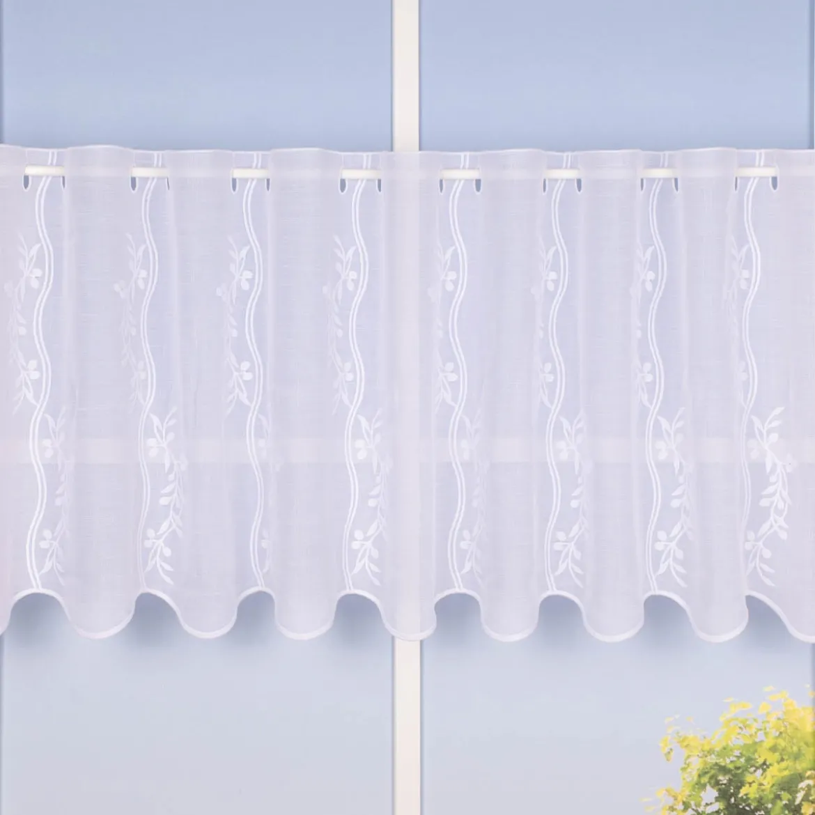 Scheibengardine Meterware Leinenstruktur Voile Stickerei Blumenranke nähfrei weiß 45cm Höhe