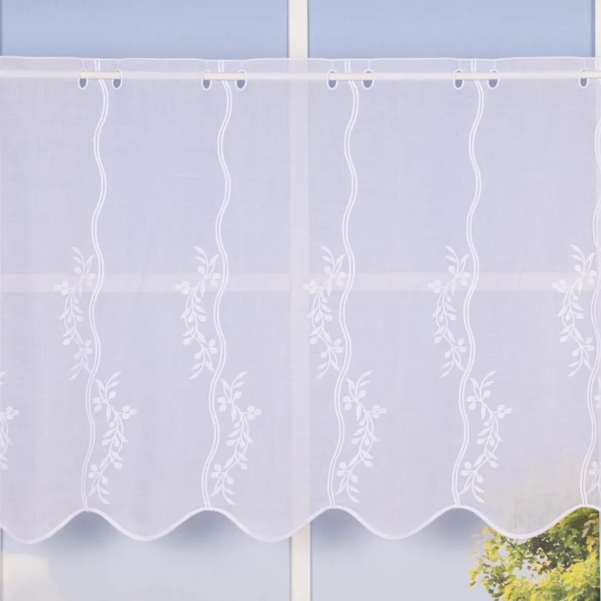 Scheibengardine Meterware Leinenstruktur Voile Stickerei Blumenranke nähfrei weiß 60cm Höhe