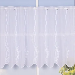 Scheibengardine Meterware Leinenstruktur Voile Stickerei Blumenranke nähfrei weiß 60cm Höhe