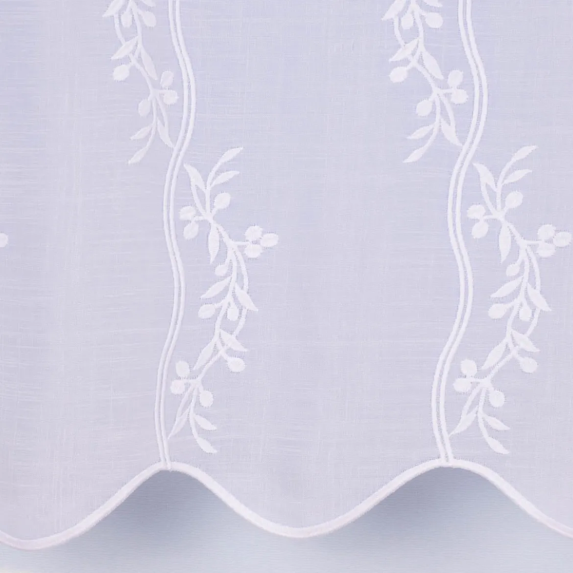 Scheibengardine Meterware Leinenstruktur Voile Stickerei Blumenranke nähfrei weiß 60cm Höhe