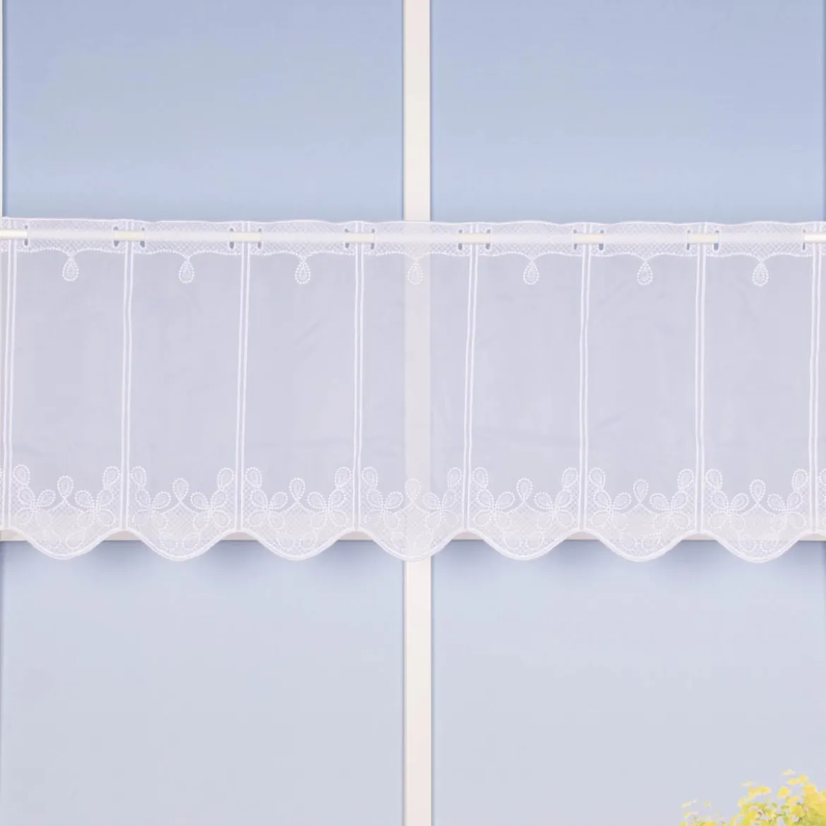 Scheibengardine Meterware Voile Stickerei Ornamente nähfrei weiß 30cm Höhe