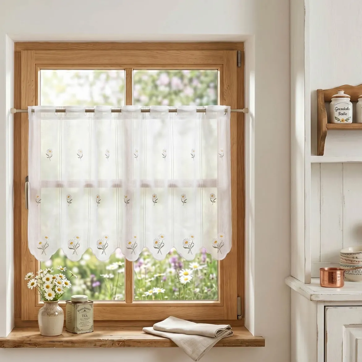 Scheibengardinen Meterware nähfrei Stickerei Blumen weiß 60cm Höhe