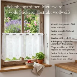 Scheibengardinen Meterware nähfrei Voile Stickerei Abstrakt wollweiß 45cm Höhe