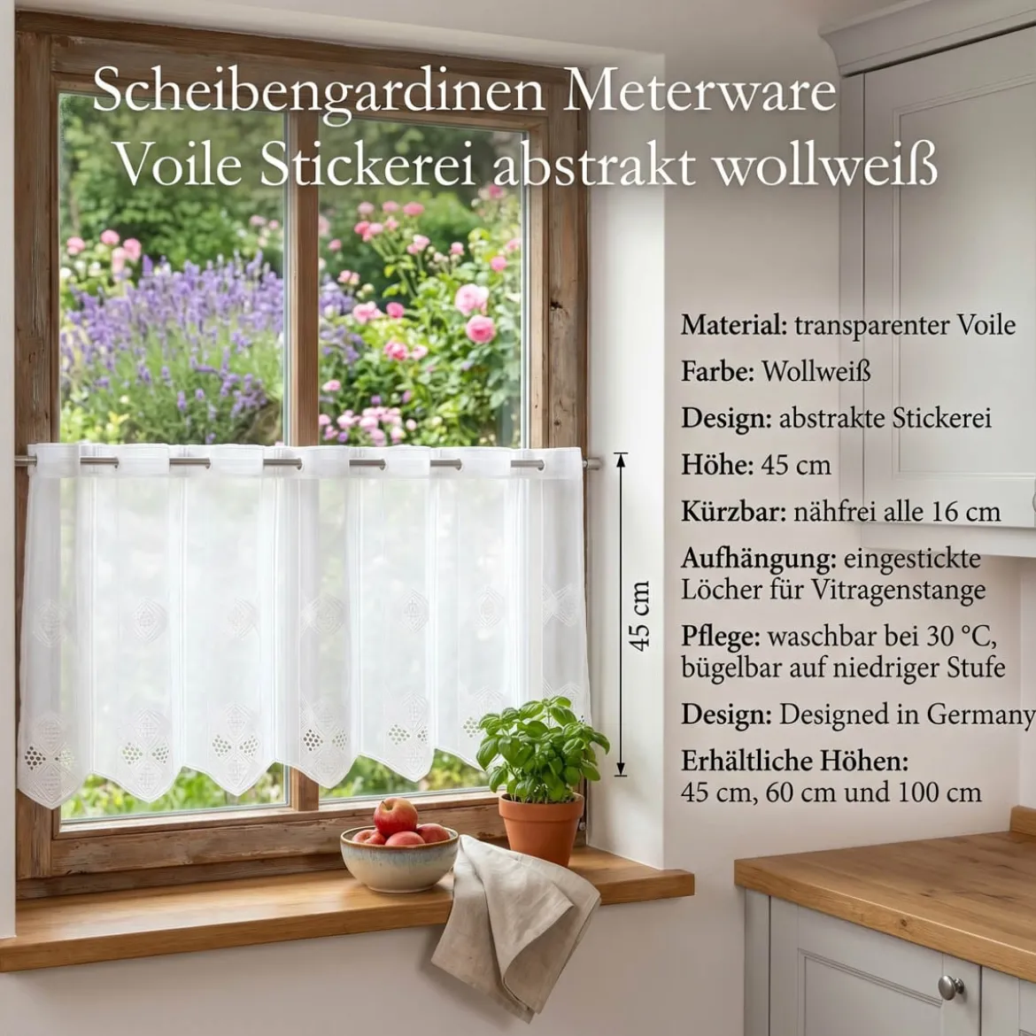 Scheibengardinen Meterware nähfrei Voile Stickerei Abstrakt wollweiß 45cm Höhe