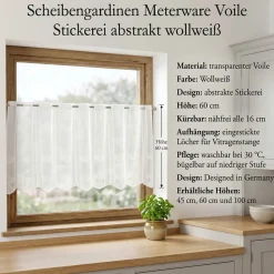 Scheibengardinen Meterware nähfrei Voile Stickerei Abstrakt wollweiß 60cm Höhe