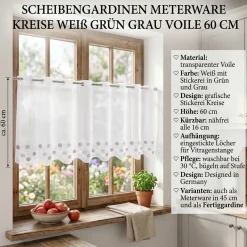 Scheibengardinen Meterware nähfrei Voile Stickerei Kreise weiß grün grau 60cm Höhe