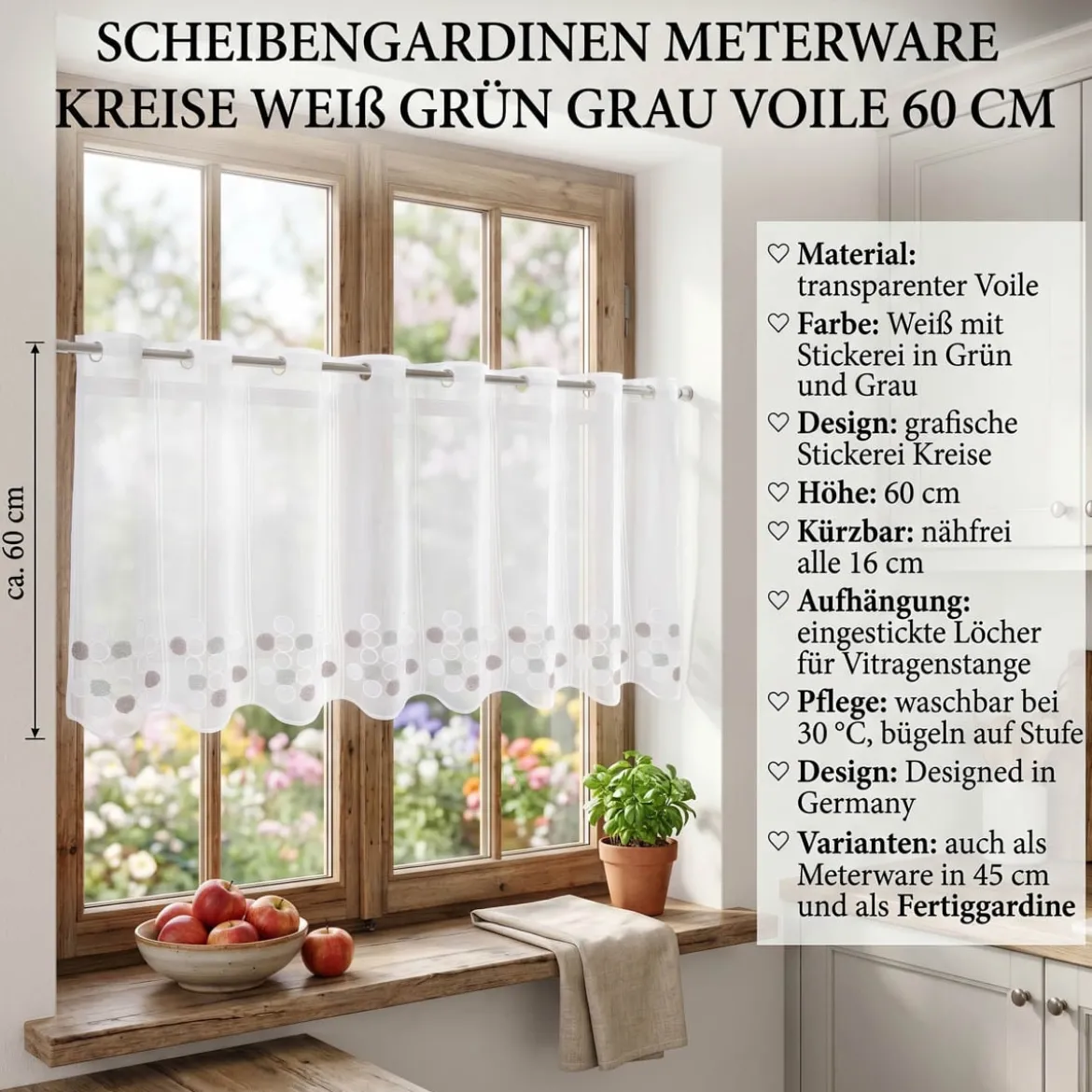 Scheibengardinen Meterware nähfrei Voile Stickerei Kreise weiß grün grau 60cm Höhe