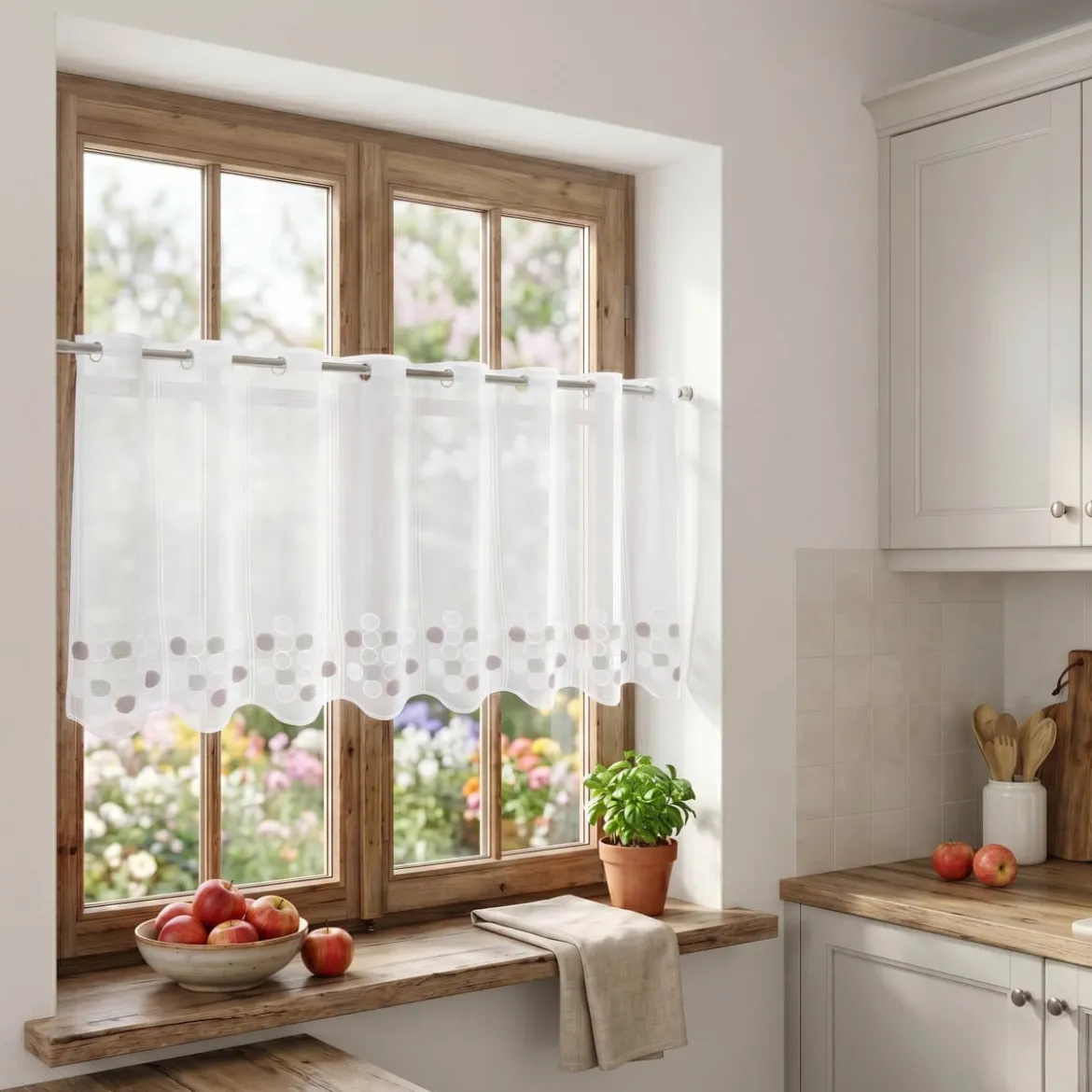 Scheibengardinen Meterware nähfrei Voile Stickerei Kreise weiß grün grau 60cm Höhe